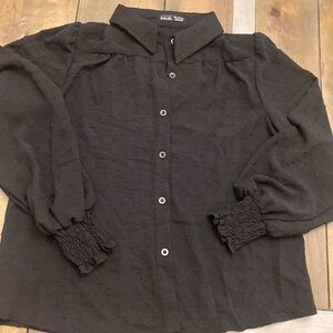 Salant black blouse‎ lantern sleeve high neck modest button front blouse size 6